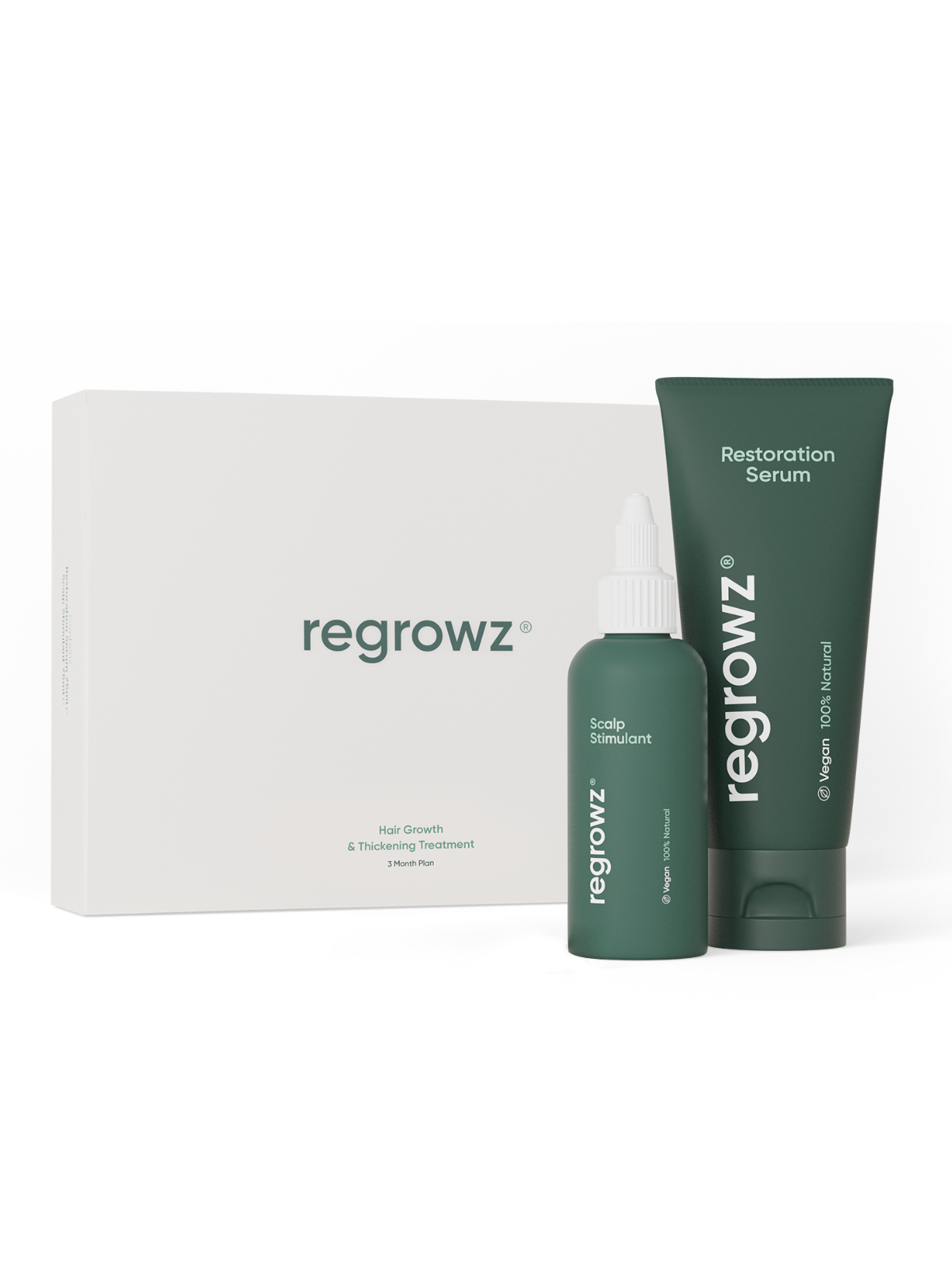 Regrowz  Hair Growth Treatment Kit featuring a white box, green serum tube, and matching green scalp stimulant bottle.